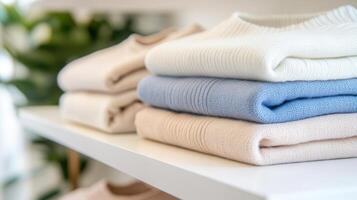 Stacks of folded baby polo shirts and inviting in pastel cozy creating a colors, and sweaters atmosphere photo