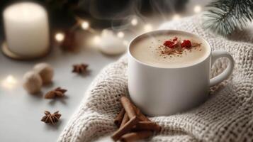 Steaming latte crowned with whipped wool, nestled in soft cream, radiating warmth knitted against winter background photo