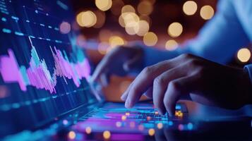 Businessman working late at night, analyzing financial screen, on a laptop illustrating featuring colorful charts and graphs data market trends and investment opportunities photo
