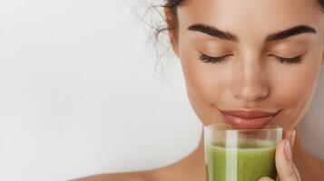 Happy young woman with drinking teeth smiling and green fresh perfect juice for breakfast photo
