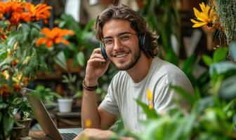 Young black man talking on mobile smartphone and with on laptop, smiling in home office working plants photo
