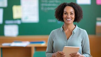 Cheerful teacher smiles while holding a tablet in a classroom, with a bulletin board covered background, sticky in visible in the notes creating a positive and engaging learning environment photo