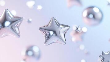 Shimmering holographic chrome stars evoking against soft pastel ethereal drifting pink, cosmic dreamscape photo