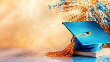 Graduation cap perched atop open textbook, symbolizing educational milestone scholarly accomplishment photo