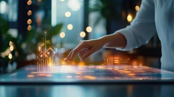 Businessman interacting with data holographic interface, manipulating charts and ambient with hand gestures, in a modern office environment, illuminated with futuristic light photo