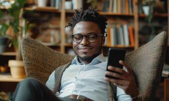 Smiling on working professional mobile app, seated at sleek workspace with computer and contemporary office design photo