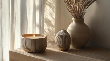 Glowing candlelight illuminating ceramic vessel, nestled and modern vases among dried botanical arrangements on rustic wooden surface photo