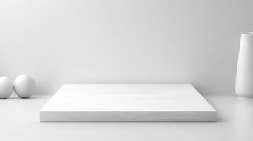 Empty white wooden white over white background with vase, spheres and table presenting minimalist concept photo