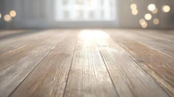 wooden illuminated floor with Empty light from window in blurred background creates peaceful and minimalist atmosphere photo