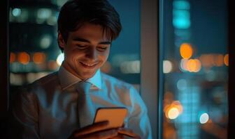Smiling professional office on mobile app, seated at sleek workspace with computer and contemporary working design photo