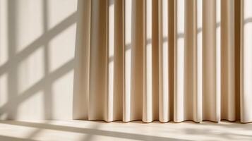 Soft sunlight filtering through sheer curtain, casting gentle shadows on beige wall, embodying minimalist serene interior design photo
