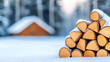 Firewood covered with snow on a wooden table in front cabin a log during of sunset in a beautiful winter landscape photo