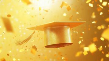 Graduation cap draped with golden light, confetti falling, symbolizing academic accomplishment and scholarly success photo