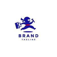 Fun Blue Ninja Worker Run Logo Design. Mechanical Ninja Running Carrying Tools Character Logo Design. vector