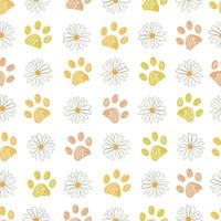 Daisies and doodle paw prints seamless fabric design pattern vector