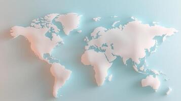 Embossed white world map rendering floating design light blue wavy surface, highlighting global geographic contours with contemporary on aesthetic photo