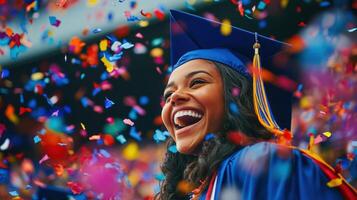 Graduate laughs with joy as colorful confetti rains down, celebrating academic achievement and a bright future photo