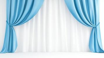 Light blue curtains covering sense white background on a creating stage, a a of anticipation and elegance photo
