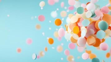 Pastel confetti bursting against of blue backdrop, generating playful, joyful mood soft celebration photo