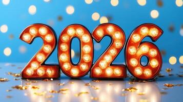 Purple textured numbers 2026 stand reflective surface with golden confetti and bokeh lights, celebrating new year's anticipation photo