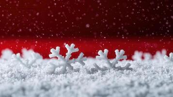 Delicate snowflake drifting against shimmering red surface, winter holiday highlighting sparkle photo