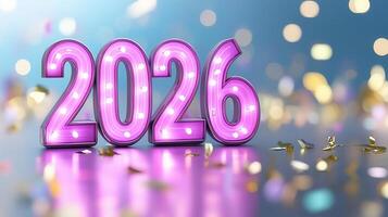 Glittering 2026 sign reflecting golden confetti on highlighting surface, soft blue bokeh background glossy festive new year celebration mood photo