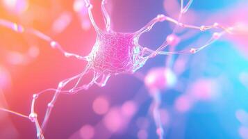 3d illustration depicting a neuron cell body with dendrites and synapses transmitting signals against a vibrant, abstract background photo