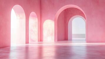 Light shining through multiple in a arches pink room, creating an abstract and surreal atmosphere photo