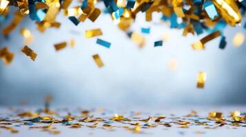 Sparkling golden confetti cascading over energy azure background, symbolizing luminous and festive celebration photo