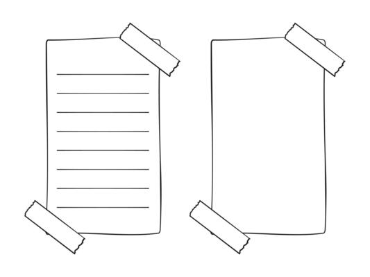 Hand-drawn memo paper sheet, sticky note, reminder, to do list, sticky tape. Bullet journal elements in line art doodle style.