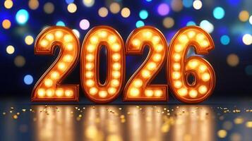 background 2026 sign reflecting golden confetti festive glossy surface, soft blue bokeh Glittering highlighting on new year celebration mood photo