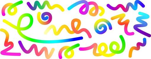 Colorful Abstract Doodle Lines with Gradient Squiggles on White Background. Geometric background with 3d rainbow ribbons. Birthday pattern with color fluid vector