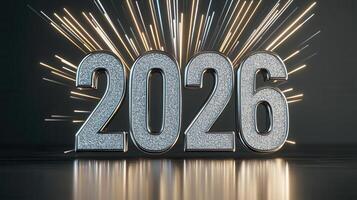 Silver future year the with streaks of light converging towards it, symbolizing metallic approaching 2026 and new year photo