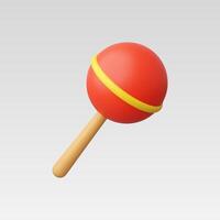 A bright red round toy with a yellow stripe and wooden handle. vector