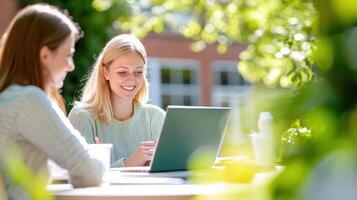 Two young female college students smiling and working together on a laptop, enjoying a sunny sunny in the university campus garden, studying and preparing for day friends outdoors on a exams terrace photo