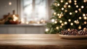 Blurred festive kitchen with displaying tree lights creating a warm holiday atmosphere, ideal christmas for products or food photo