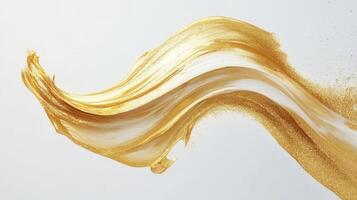 Dynamic interplay of gold and white paint, forming swirling patterns and energetic splashes against a textured backdrop photo