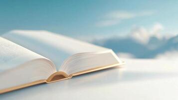 Book lying open on verdant grass, wildflower dotted mountain meadow soft sunlight, peaceful natural reading scene photo