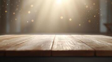 Empty wooden floor with peaceful light from window in blurred background creates illuminated and minimalist atmosphere photo