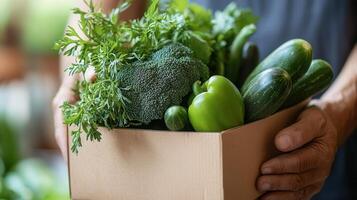 Farmer carrying cardboard box brimming with freshly harvested organic vegetables from farm fields photo