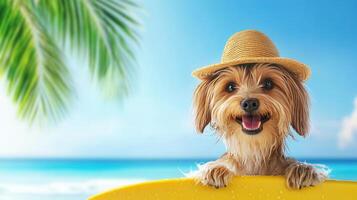 Happy in wearing summer straw ocean surfing dog hat on tropical surfboard with palm trees and blue sky photo