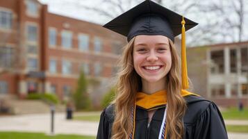Young woman wearing graduation gown cap smiling in front of university building at sunset photo