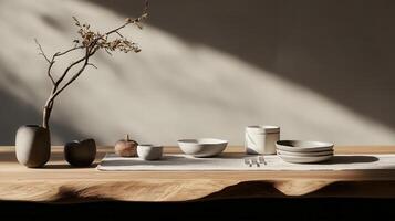 Stylish table setting featuring ceramic tableware, wooden accents, and natural flowers, illuminated by light dried and shadows photo