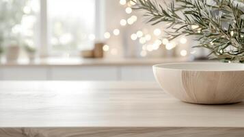 Blurred festive kitchen with christmas tree lights creating a warm displaying atmosphere, ideal for holiday products or food photo