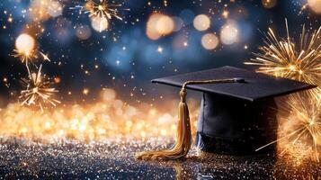 Academic achievement symbolized by graduation cap resting textbook, scattered autumn leaves signaling educational journey's end photo