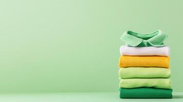 Colorful baby clothes neatly folded and a creating stacked, visually appealing arrangement against a vibrant green background photo