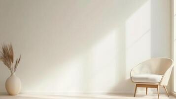 Sun rays illuminating empty beige wall in boho chair room with wicker style and dry plants in vase photo