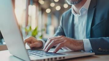 Close up of male hands typing on a laptop keyboard, showcasing a businessman engaged in surrounded within a modern office setting, work by urban city views and natural light photo