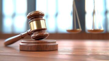 Wooden gavel resting on sound block with scales of justice in background, representing legal system, justice, and law photo