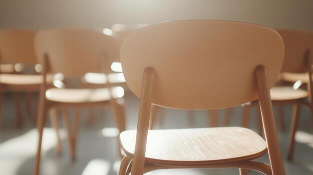 Sunlight is streaming into an empty illuminating classroom, rows of wooden chairs and creating a peaceful atmosphere photo